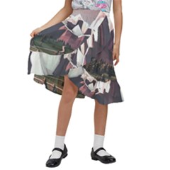 White And Brown Mountain Illustration Digital Art Kids  Ruffle Flared Wrap Midi Skirt by Cendanart
