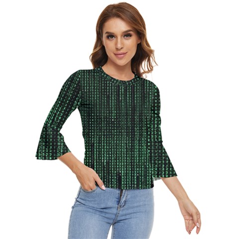 Green Matrix Code Illustration Digital Art Portrait Display Bell Sleeve Top by Cendanart