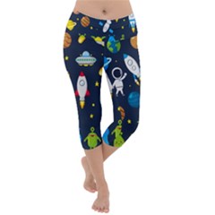 Big Set Cute Astronauts Space Planets Stars Aliens Rockets Ufo Constellations Satellite Moon Rover V Lightweight Velour Capri Yoga Leggings by Bedest