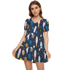 Big Set Cute Astronauts Space Planets Stars Aliens Rockets Ufo Constellations Satellite Moon Rover V Tiered Short Sleeve Babydoll Dress by Bedest