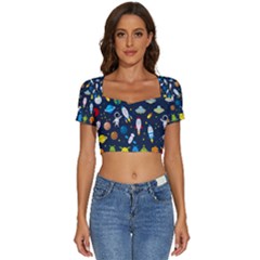 Big Set Cute Astronauts Space Planets Stars Aliens Rockets Ufo Constellations Satellite Moon Rover V Short Sleeve Square Neckline Crop Top  by Bedest