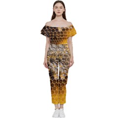 Honeycomb With Bees Bardot Ruffle Jumpsuit by Bedest