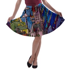 Castle Building Stained Glass A-line Skater Skirt by Cendanart