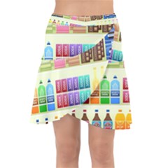 Supermarket Shelf Products Snacks Wrap Front Skirt by Cendanart