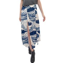 Japanese Wave Pattern Velour Split Maxi Skirt by Cendanart