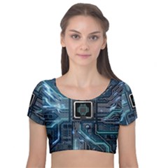 Circuit Board Motherboard Velvet Short Sleeve Crop Top  by Cemarart