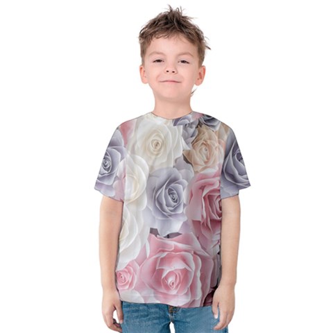 Pastel Rose Flower Blue Pink White Kids  Cotton T-shirt by Cemarart
