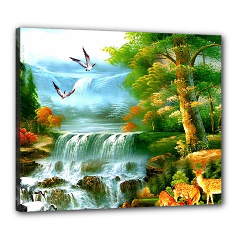 Paradise Forest Painting Bird Deer Waterfalls Canvas 24  X 20  (stretched) by Ndabl3x