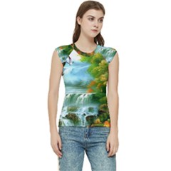 Paradise Forest Painting Bird Deer Waterfalls Women s Raglan Cap Sleeve T-shirt by Ndabl3x