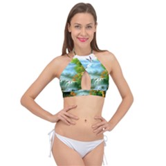 Paradise Forest Painting Bird Deer Waterfalls Cross Front Halter Bikini Top by Ndabl3x
