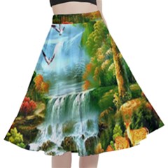 Paradise Forest Painting Bird Deer Waterfalls A-line Full Circle Midi Skirt With Pocket by Ndabl3x