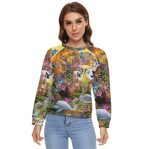 Garden Of Paradise Butterfly Swan Bird Painting Gazebo, Peacock Flower Women s Long Sleeve Raglan T-shirt by Ndabl3x