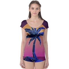Abstract 3d Art Holiday Island Palm Tree Pink Purple Summer Sunset Water Boyleg Leotard  by Cemarart