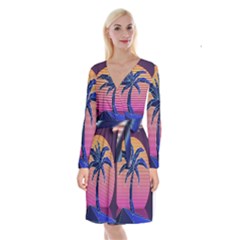 Abstract 3d Art Holiday Island Palm Tree Pink Purple Summer Sunset Water Long Sleeve Velvet Front Wrap Dress by Cemarart
