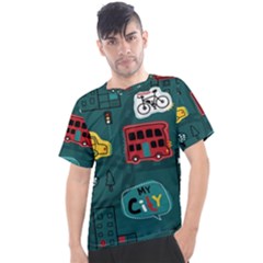 Seamless Pattern Hand Drawn With Vehicles Buildings Road Men s Sport Top by Grandong