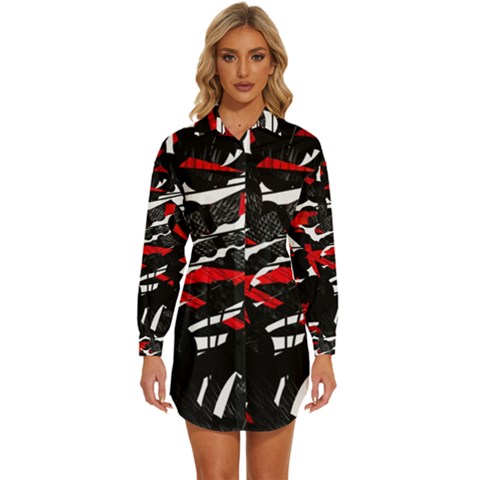 Shape Line Red Black Abstraction Womens Long Sleeve Shirt Dress by Cemarart