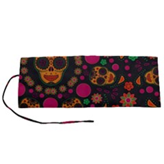 Skull Colorful Floral Flower Head Roll Up Canvas Pencil Holder (s) by Cemarart
