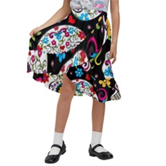 Sugar Skull Black Olorful Flower Kids  Ruffle Flared Wrap Midi Skirt by Cemarart