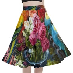 Flower And Parrot Art Flower Painting A-line Full Circle Midi Skirt With Pocket by Cemarart
