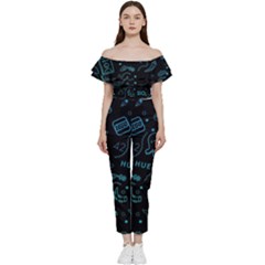 Cartoon, Skull, Dark, Dead Bardot Ruffle Jumpsuit by nateshop