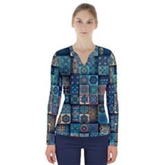 Texture Pattern Abstract Colorful Digital Art V-neck Long Sleeve Top by Ndabl3x