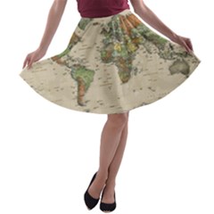 Vintage World Map Aesthetic A-line Skater Skirt by Cemarart