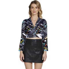 Motherboard Board Circuit Electronic Technology Long Sleeve Tie Back Satin Wrap Top by Cemarart