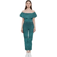 Background Green Bardot Ruffle Jumpsuit by nateshop