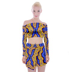 Authentic Aboriginal Art - Emu Dreaming Off Shoulder Top With Mini Skirt Set by hogartharts