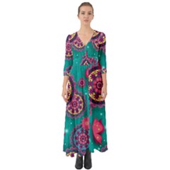 Floral Pattern, Abstract, Colorful, Flow Button Up Boho Maxi Dress by nateshop