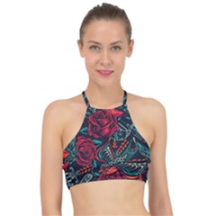 Vintage Flash Tattoos Designs Seamless Pattern Halter Bikini Top by Bedest