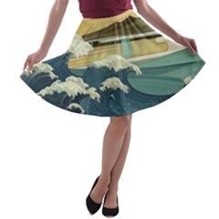 Sea Asia Waves Japanese Art The Great Wave Off Kanagawa A-line Skater Skirt by Cemarart