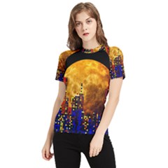 Skyline Frankfurt Abstract Moon Women s Short Sleeve Rash Guard by Cemarart