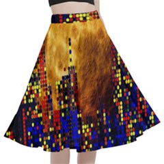 Skyline Frankfurt Abstract Moon A-line Full Circle Midi Skirt With Pocket by Cemarart