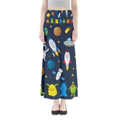 Big Set Cute Astronauts Space Planets Stars Aliens Rockets Ufo Constellations Satellite Moon Rover Full Length Maxi Skirt by Cemarart