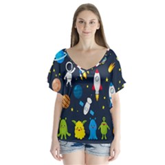 Big Set Cute Astronauts Space Planets Stars Aliens Rockets Ufo Constellations Satellite Moon Rover V-neck Flutter Sleeve Top by Cemarart