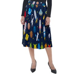 Big Set Cute Astronauts Space Planets Stars Aliens Rockets Ufo Constellations Satellite Moon Rover Classic Velour Midi Skirt  by Cemarart
