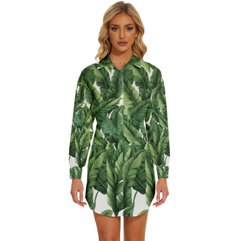 Green Banana Leaves Womens Long Sleeve Shirt Dress by goljakoff