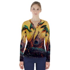 City Light Sky Landmark Painting V-neck Long Sleeve Top by Cemarart