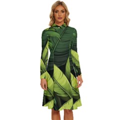 Banana Leaves Pattern Long Sleeve Shirt Collar A-line Dress by goljakoff