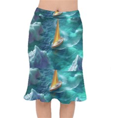 Seascape Boat Sailing Short Mermaid Skirt by Cemarart