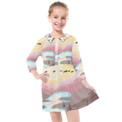Mountain Birds River Sunset Nature Kids  Quarter Sleeve Shirt Dress by Cemarart