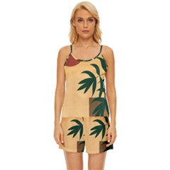 Arch Stairs Sun Branches Leaves Boho Bohemian Botanical Minimalist Nature Satin Pajama Short Set by Grandong