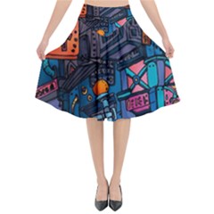 Wallet City Art Graffiti Flared Midi Skirt by Bedest