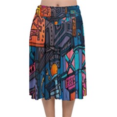 Wallet City Art Graffiti Velvet Flared Midi Skirt by Bedest