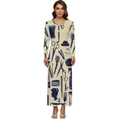 Elegant Hairdresser Pattern Cream Long Sleeve Longline Maxi Dress by TetiBright