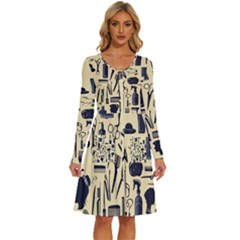 Elegant Hairdresser Pattern Cream Long Sleeve Dress With Pocket by TetiBright