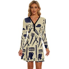 Elegant Hairdresser Pattern Cream Long Sleeve Deep V Mini Dress  by TetiBright