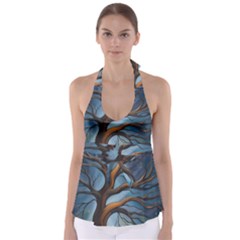 Tree Branches Mystical Moon Expressionist Oil Painting Acrylic Painting Abstract Nature Moonlight Ni Tie Back Tankini Top by Maspions