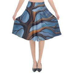Tree Branches Mystical Moon Expressionist Oil Painting Acrylic Painting Abstract Nature Moonlight Ni Flared Midi Skirt by Maspions